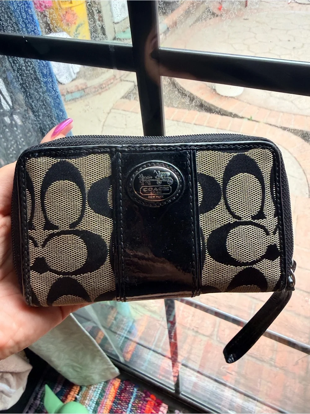 Coach Black & Beige Signature Canvas Wristlet